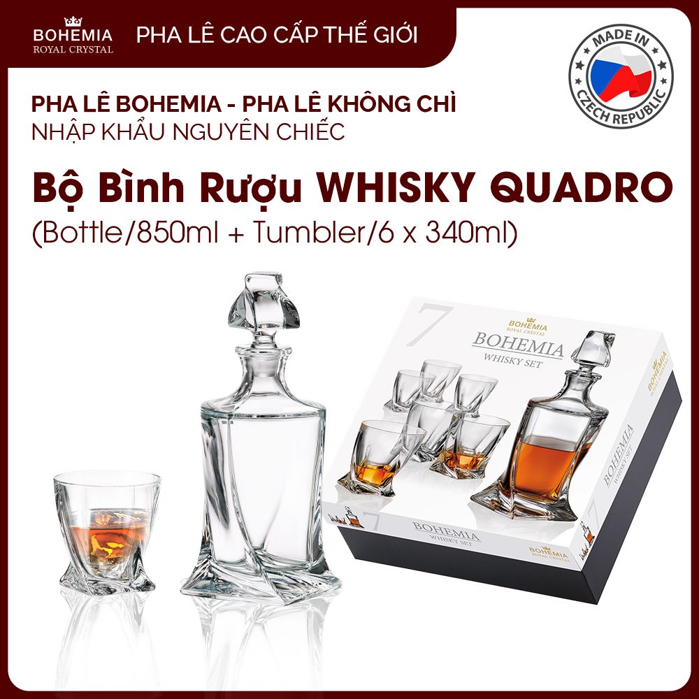 Bộ Bình - 6 Ly Whisky Pha Lê Tiệp Không Chì Cao Cấp Bohemia QUADRO
